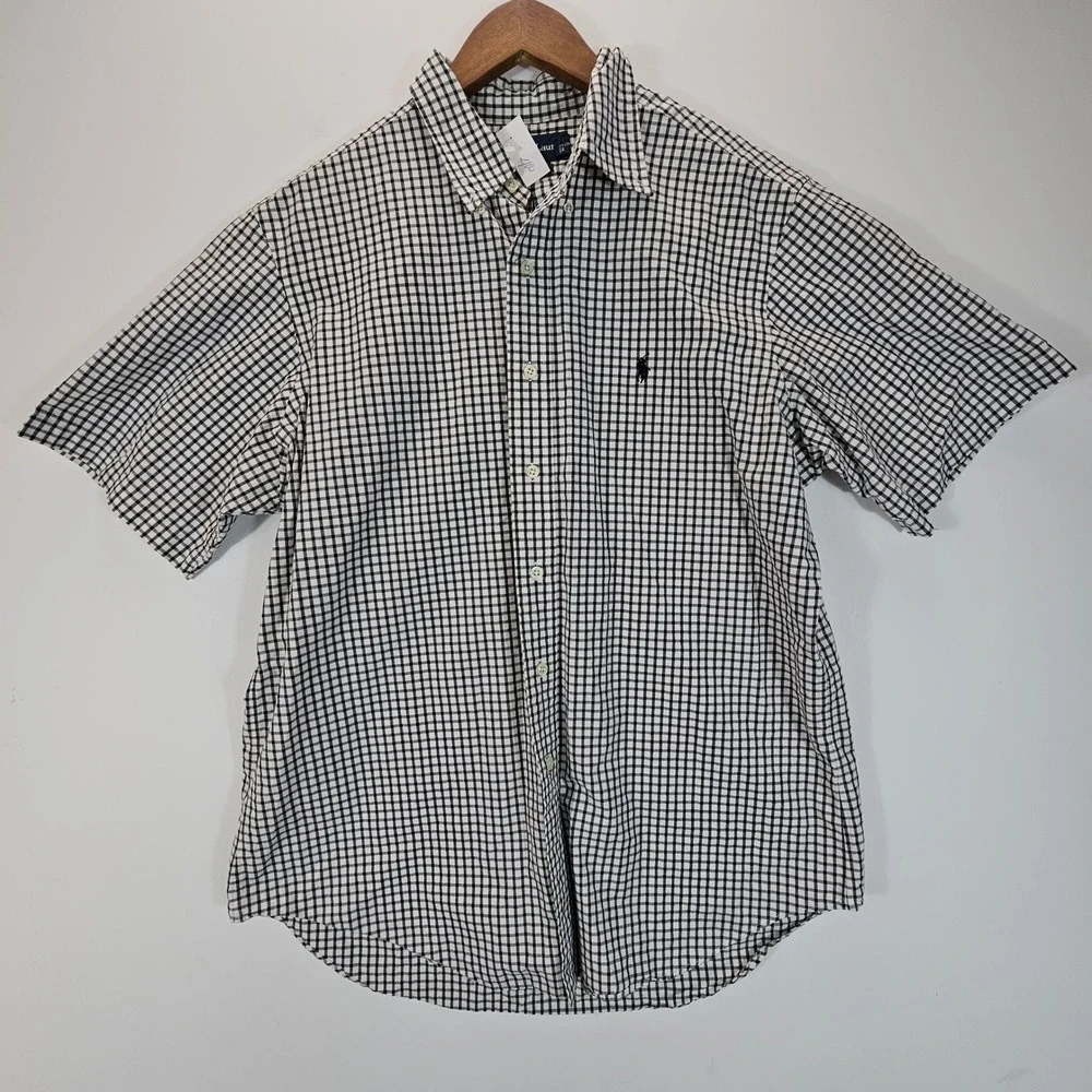 Vintage Polo Ralph Lauren Shirt Mens‎ L Black White Gingham Plaid Short Sleeve